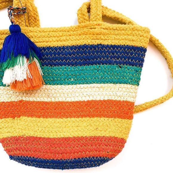 NWT Francesca'd Yellow Orange Blue Green Striped Rope Tassel Crossbody Bag - Picture 3 of 7